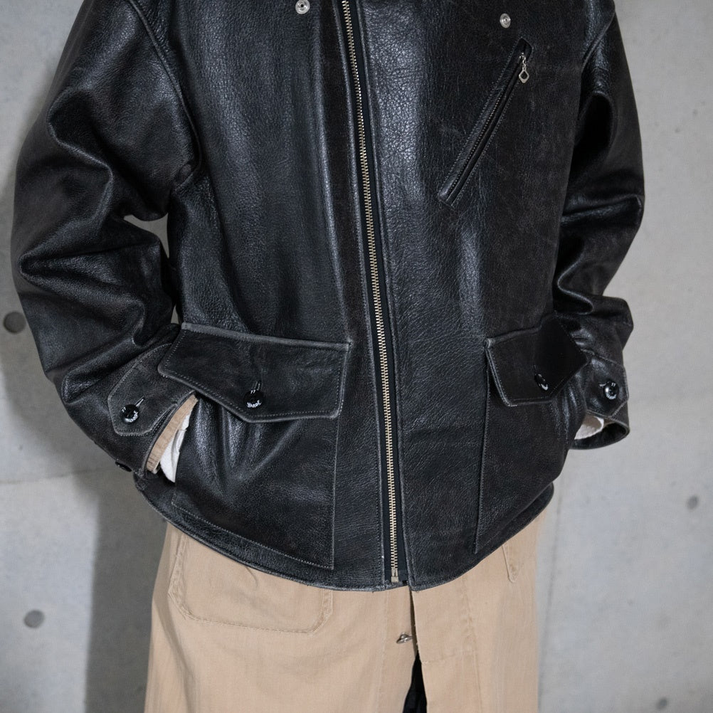 Crack leather double wide jacketBlack | VARDE77