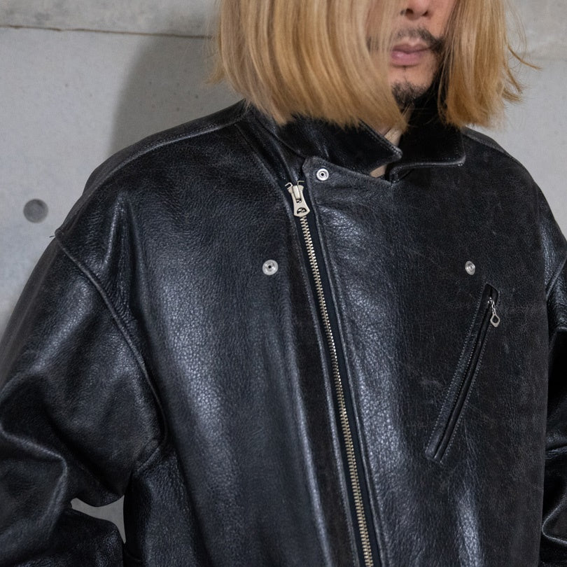 Crack leather double wide jacketBlack | VARDE77