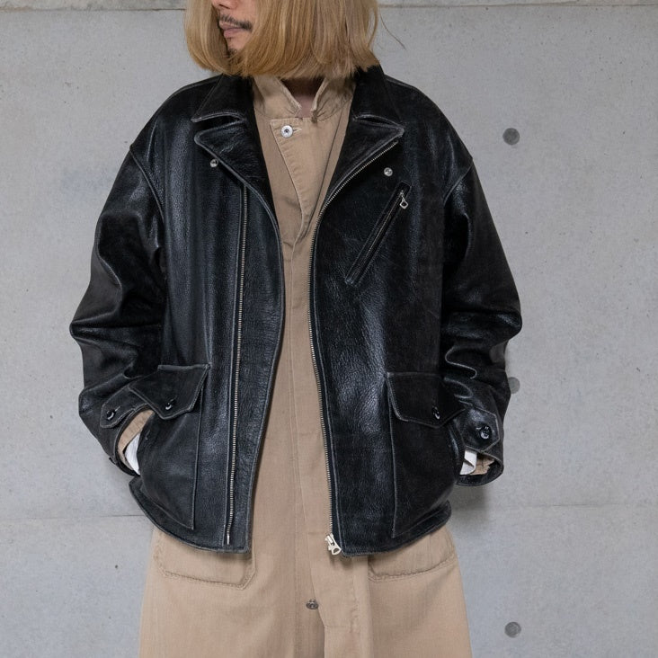 Crack leather double wide jacketBlack | VARDE77
