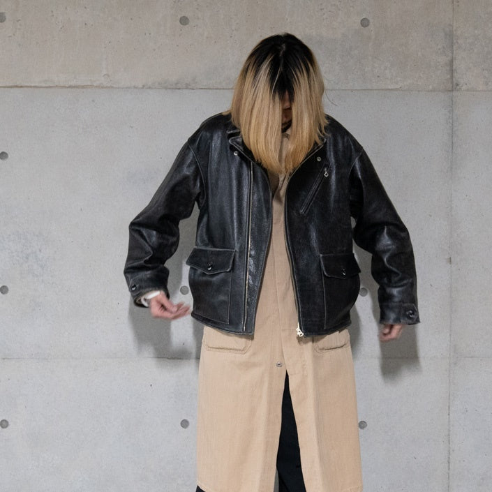 Crack leather double wide jacketBlack | VARDE77