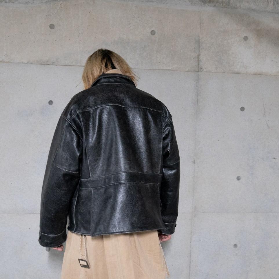 Crack leather double wide jacketBlack | VARDE77