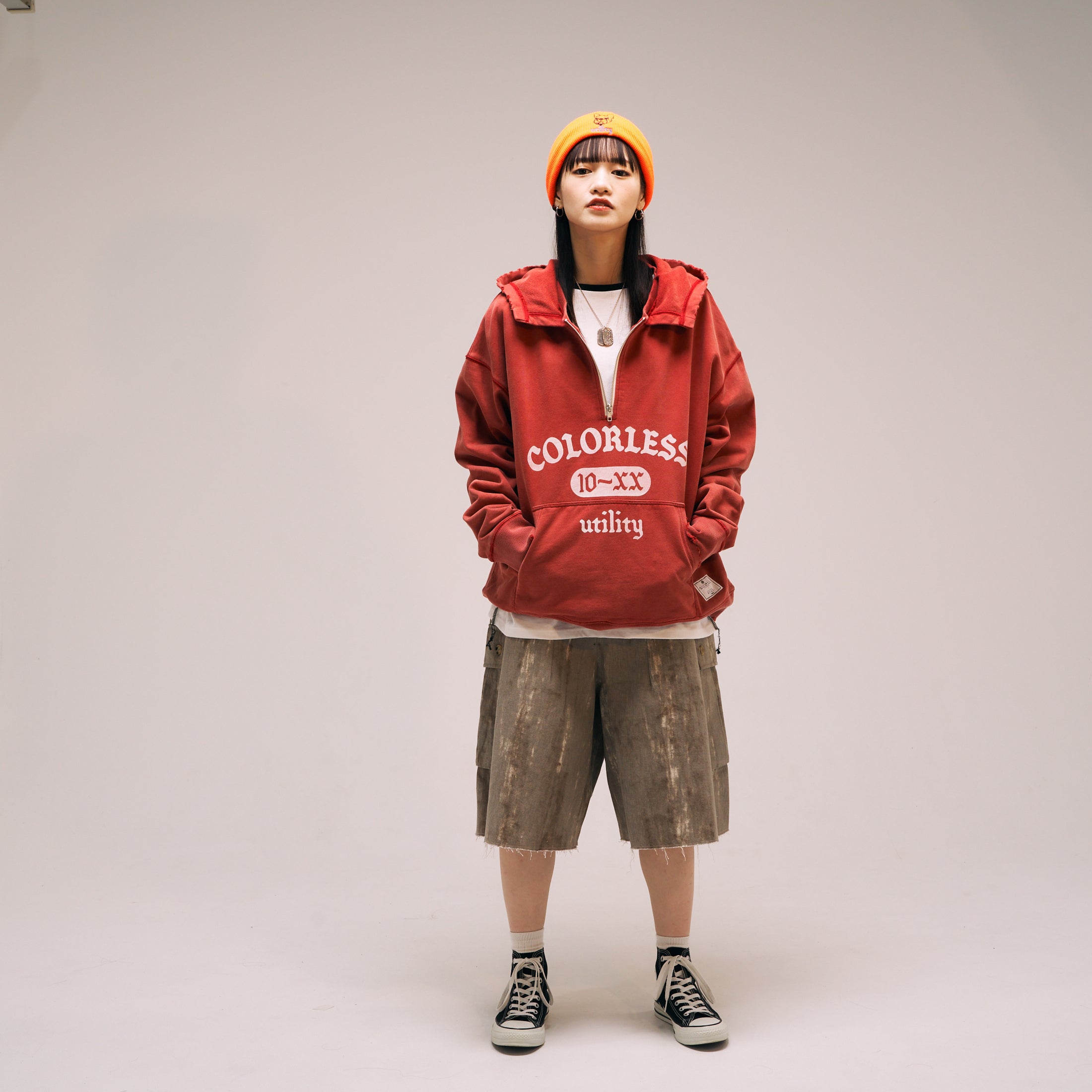 efmm-19_Red | Colorless Half Zip Hoodie | Color:Red【EFFECTEN_エフェクテン】【入荷予定アイテム・入荷連絡可能】