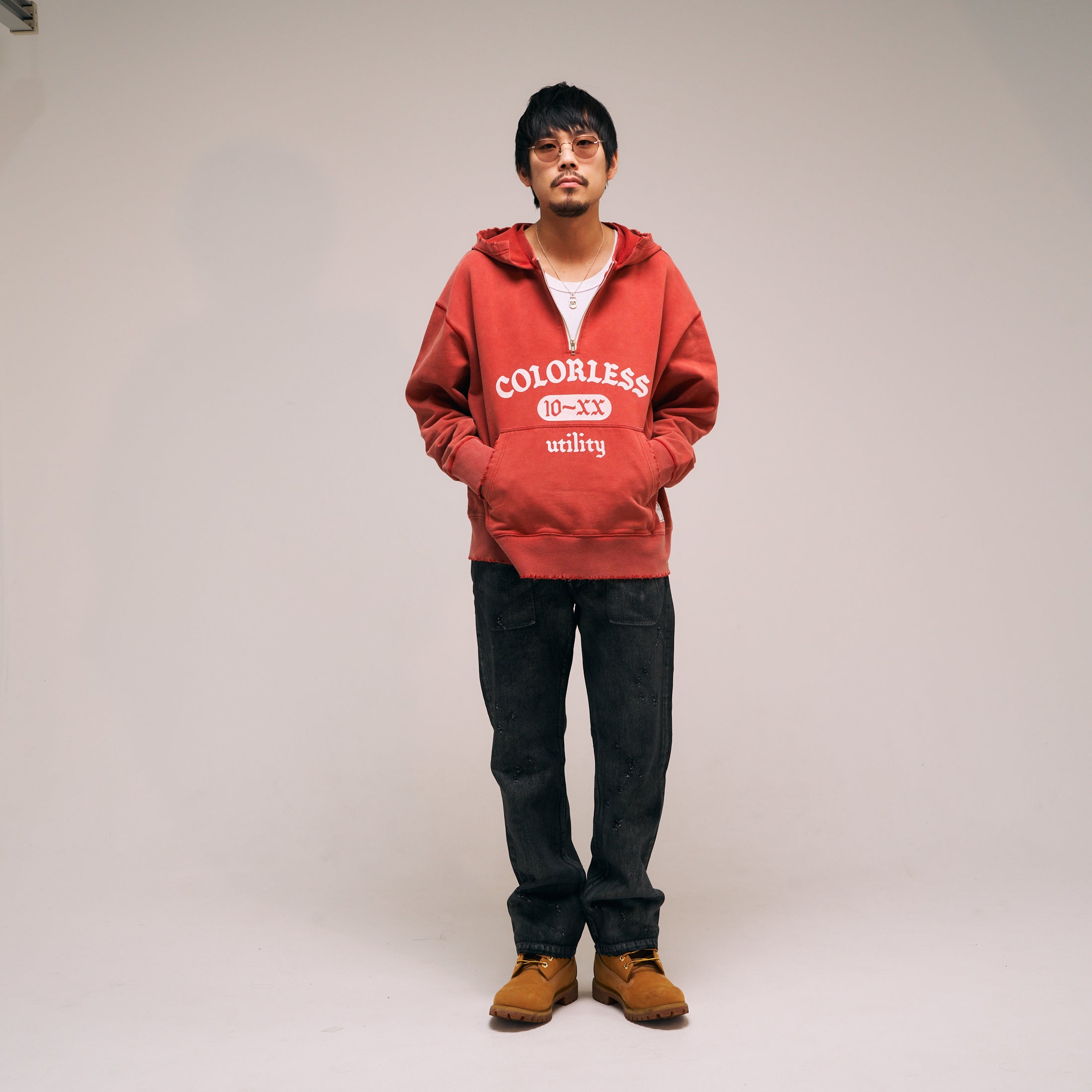 efmm-19_Red | Colorless Half Zip Hoodie | Color:Red【EFFECTEN_エフェクテン】【入荷予定アイテム・入荷連絡可能】