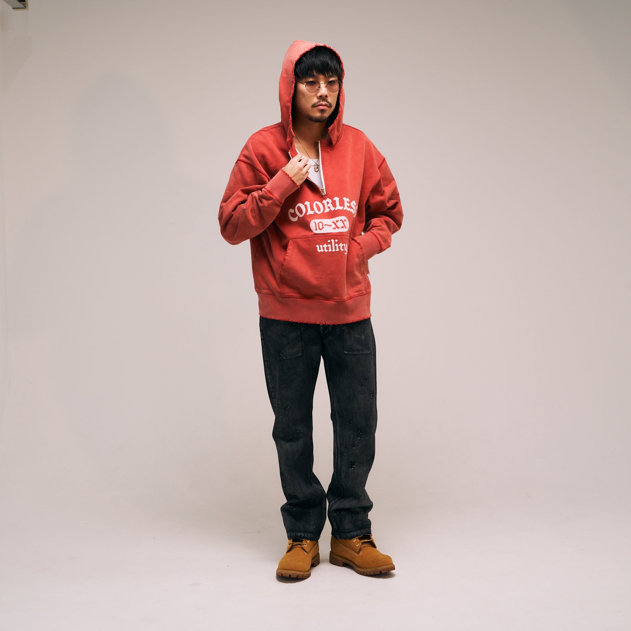 efmm-19_Red | Colorless Half Zip Hoodie | Color:Red【EFFECTEN_エフェクテン】【入荷予定アイテム・入荷連絡可能】