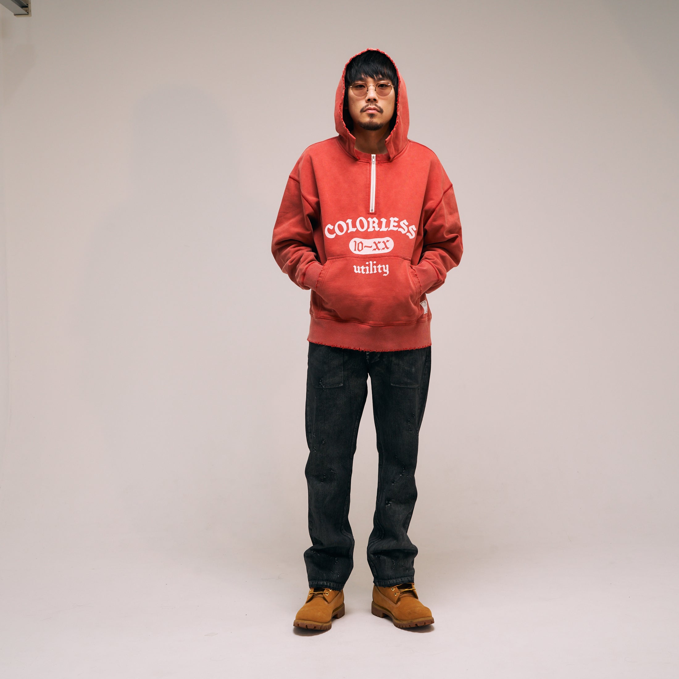 efmm-19_Red | Colorless Half Zip Hoodie | Color:Red【EFFECTEN_エフェクテン】【入荷予定アイテム・入荷連絡可能】