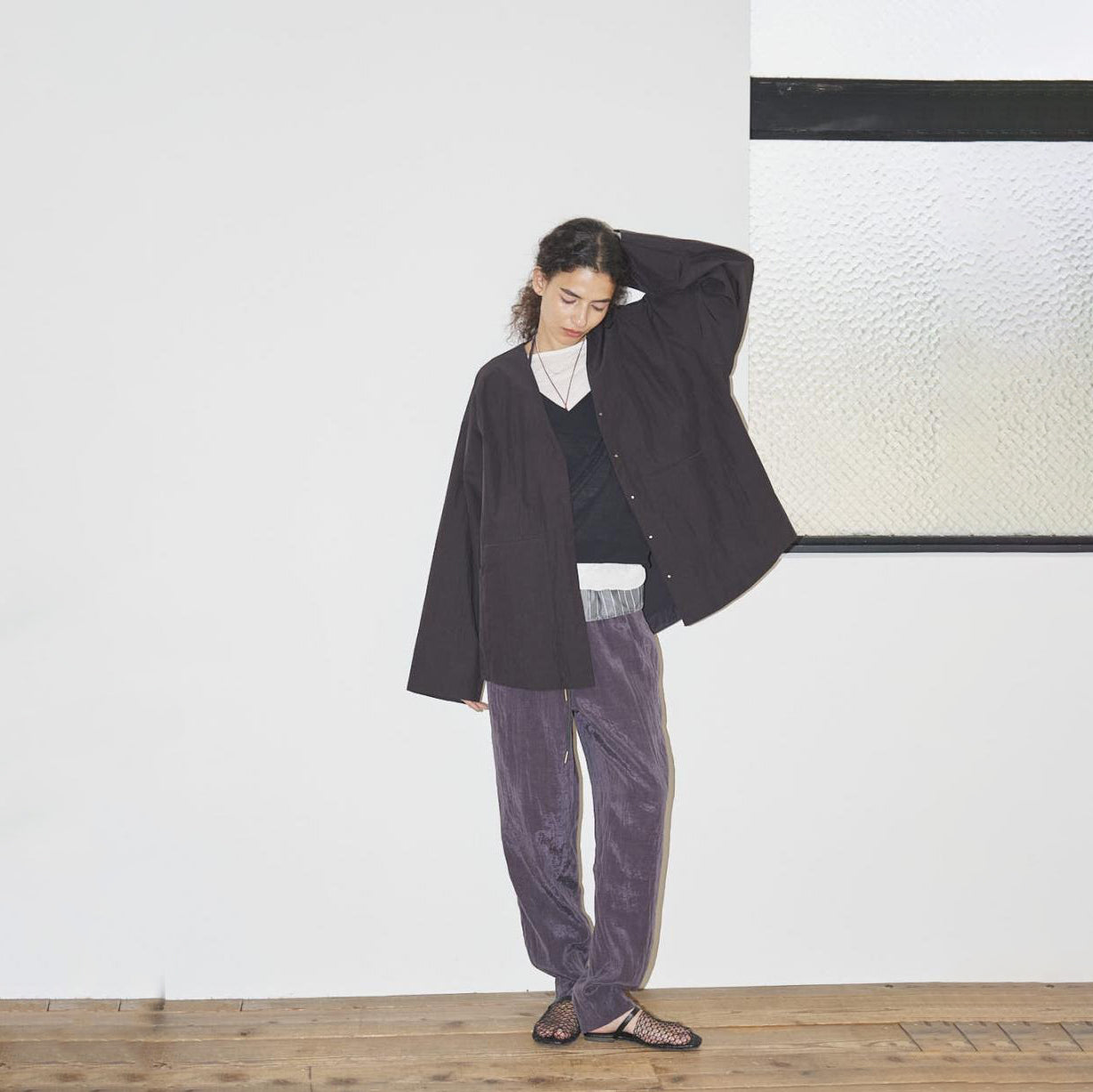 ノーカラーシャツブルゾン | Color_Black | No_26153-6559D_Black【ANGELINA_アンジェリーナ】【入荷予定アイテム・入荷連絡可能】