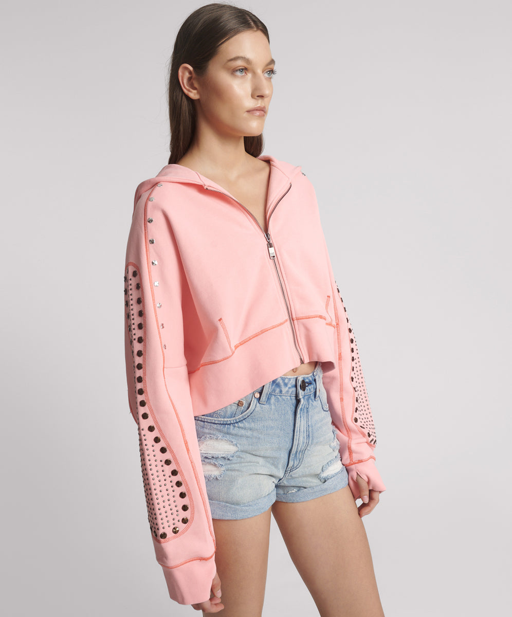 26776_CANDY CORAL | CANDY CORAL STUDDED CROPPED HOODY | Color:Candy Coral【ONE TEASPOON_ワンティースプーン】