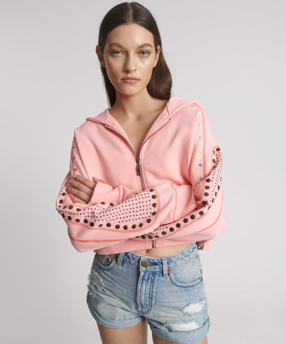 26776_CANDY CORAL | CANDY CORAL STUDDED CROPPED HOODY | Color:Candy Coral【ONE TEASPOON_ワンティースプーン】