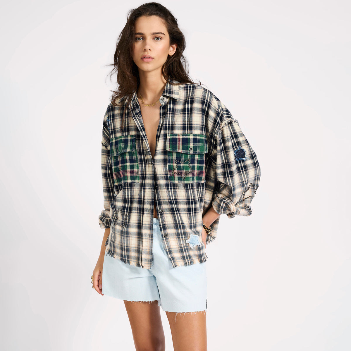 FLANNEL STAR STUDDED SHIRT | Color_Cream Blue Check | No_26977_cream blue check【ONE TEASPOON_ワンティースプーン】【入荷予定アイテム・入荷連絡可能】