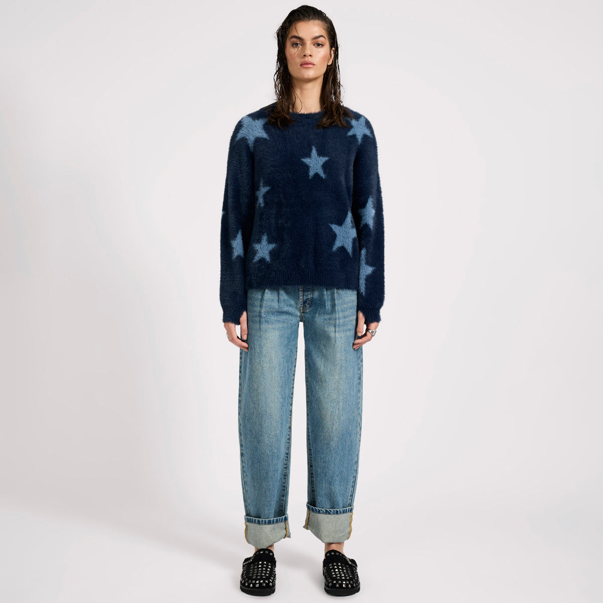 FLUFFY STAR LONGSLEEVE KNIT SWEATER | Color_Blue | No_27140a_blue【ONE TEASPOON_ワンティースプーン】【入荷予定アイテム・入荷連絡可能】