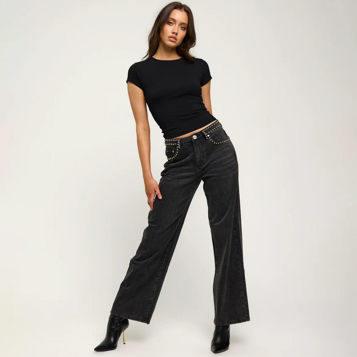 JACKSON MID WAIST WIDE LEG STUDDED DENIM JEANS | Color_Black | No_27262_Black【ONE TEASPOON_ワンティースプーン】