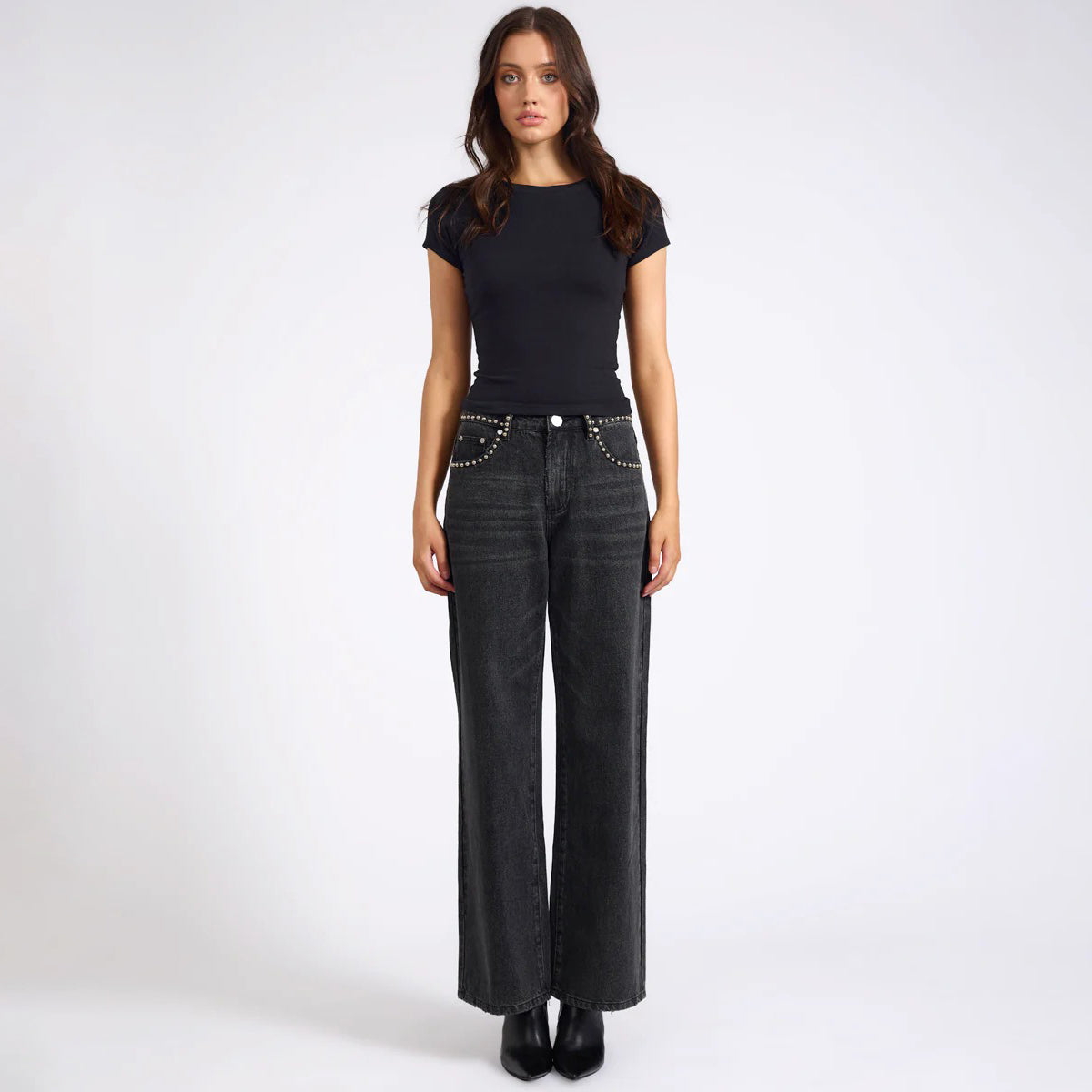 JACKSON MID WAIST WIDE LEG STUDDED DENIM JEANS | Color_Black | No_27262_Black【ONE TEASPOON_ワンティースプーン】