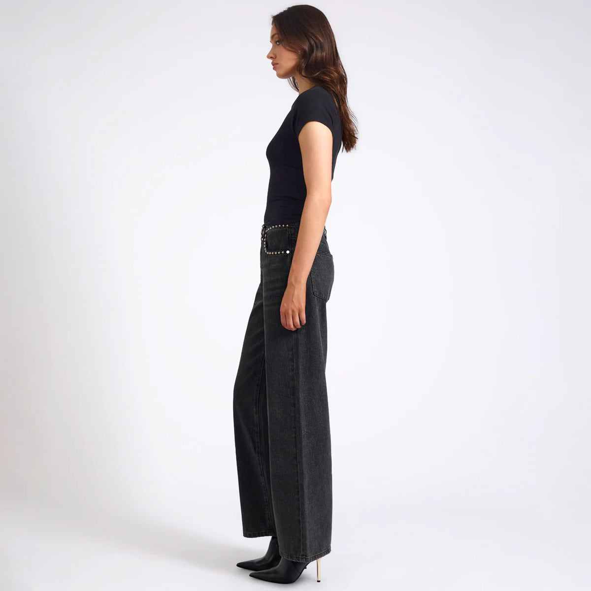 JACKSON MID WAIST WIDE LEG STUDDED DENIM JEANS | Color_Black | No_27262_Black【ONE TEASPOON_ワンティースプーン】