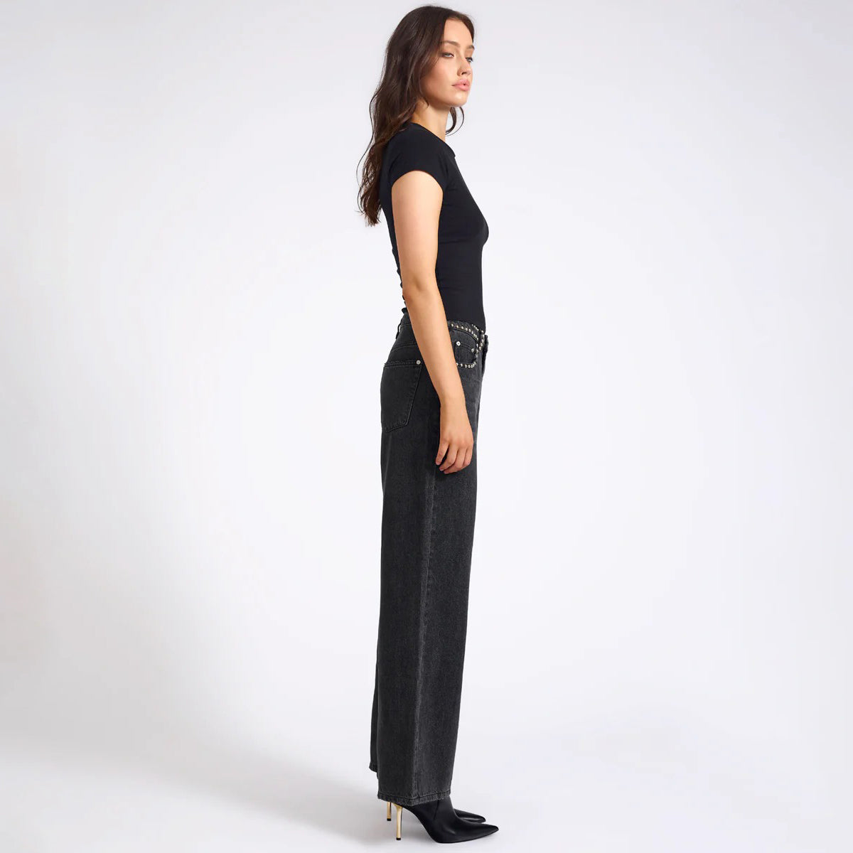 JACKSON MID WAIST WIDE LEG STUDDED DENIM JEANS | Color_Black | No_27262_Black【ONE TEASPOON_ワンティースプーン】