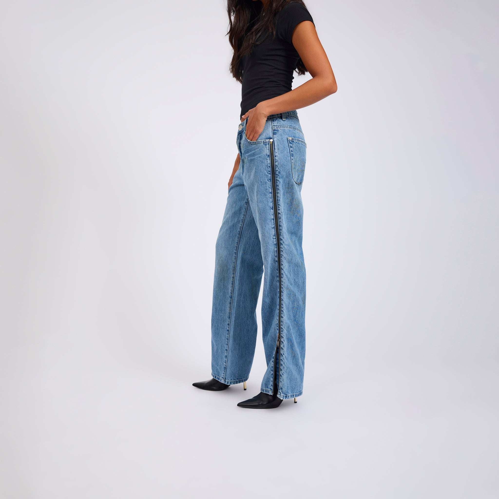LOW RIDERS LOW WAIST WIDE LEG ZIPPED DENIM JEANS | Color_Pretty Blue | No_27302_Pretty Blue【ONE TEASPOON_ワンティースプーン】