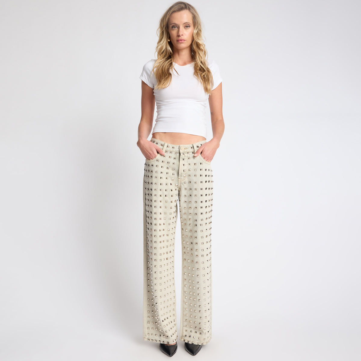 JACKSON MID WAIST WIDE LEG STUDDED DENIM JEANS | Color_Antique Khaki | No_27685_Antique Khaki【ONE TEASPOON_ワンティースプーン】【入荷予定アイテム・入荷連絡可能】