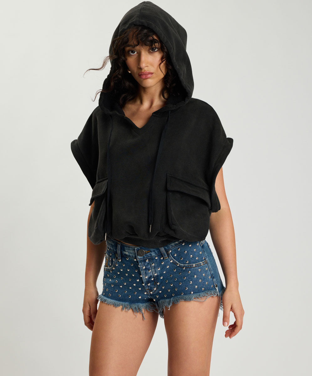 PUFF POWER CROPPED HOODIE WITH ZIP OFF SLEEVES – Black | ONE TEASPOON