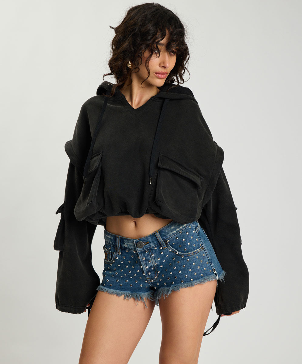 PUFF POWER CROPPED HOODIE WITH ZIP OFF SLEEVES – Black | ONE TEASPOON