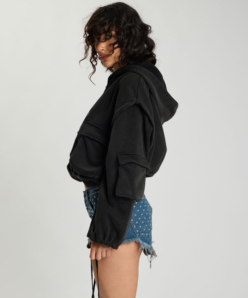 PUFF POWER CROPPED HOODIE WITH ZIP OFF SLEEVES – Black | ONE TEASPOON