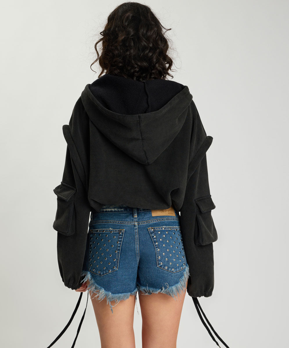 PUFF POWER CROPPED HOODIE WITH ZIP OFF SLEEVES – Black | ONE TEASPOON