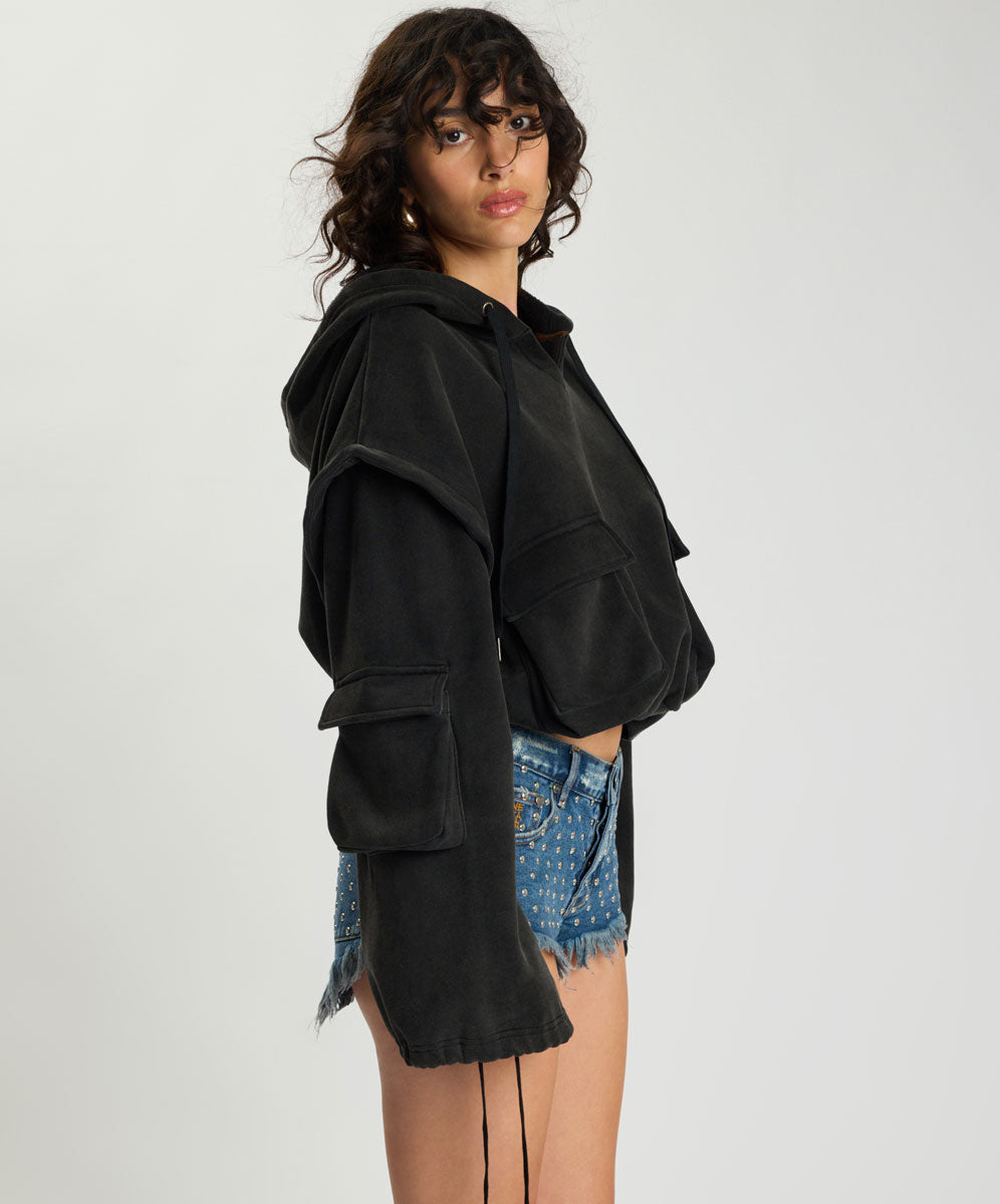 PUFF POWER CROPPED HOODIE WITH ZIP OFF SLEEVES – Black | ONE TEASPOON