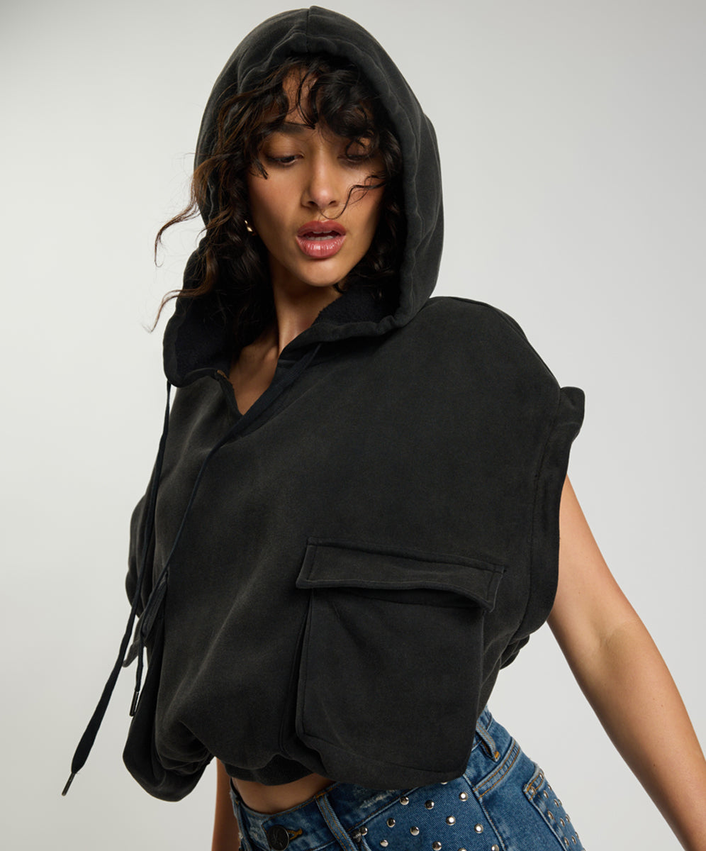 PUFF POWER CROPPED HOODIE WITH ZIP OFF SLEEVES – Black | ONE TEASPOON
