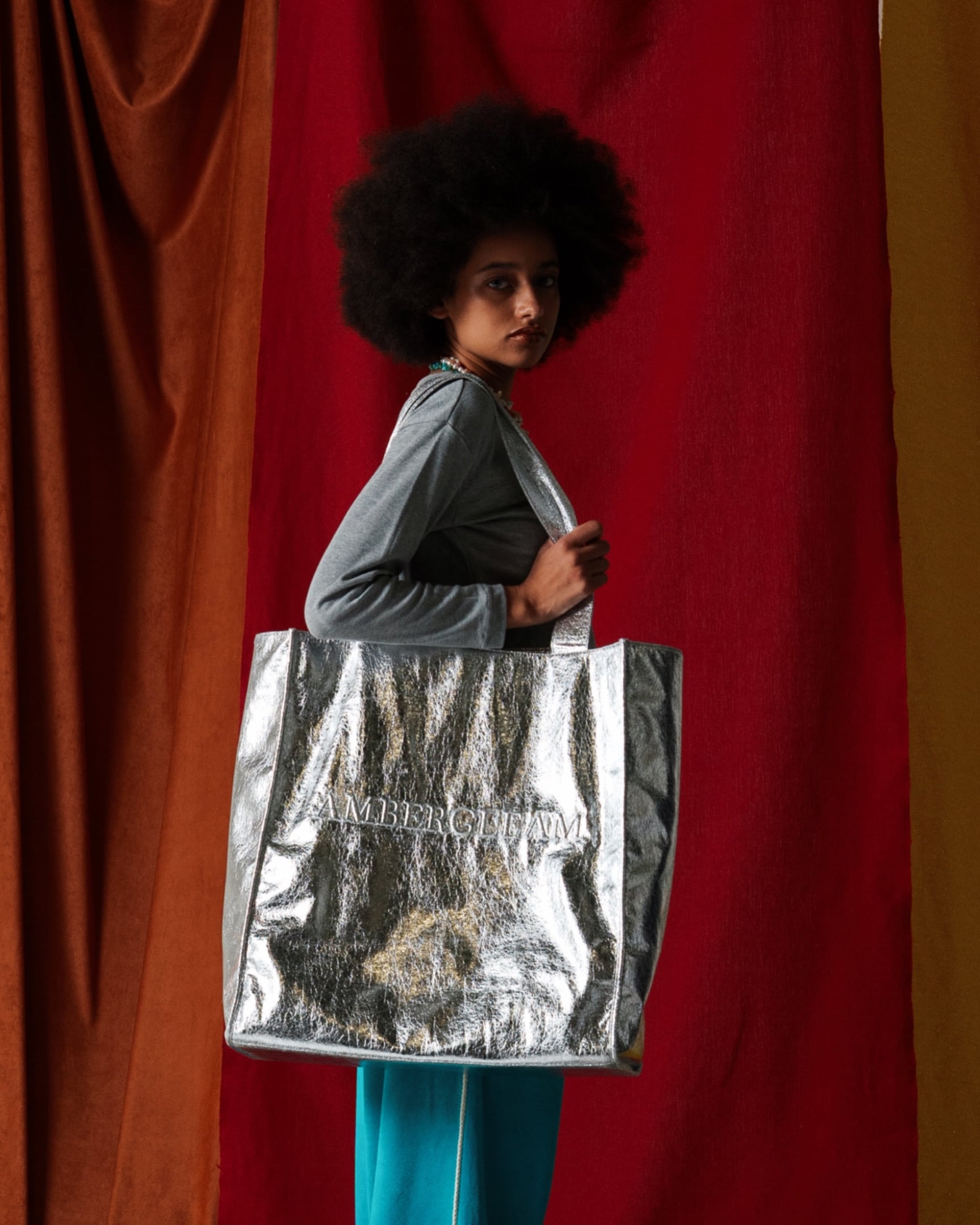 Name:BIG Leather Tote Bag | Color:Silver【AMBERGLEAM_アンバーグリーム】| No:113311116