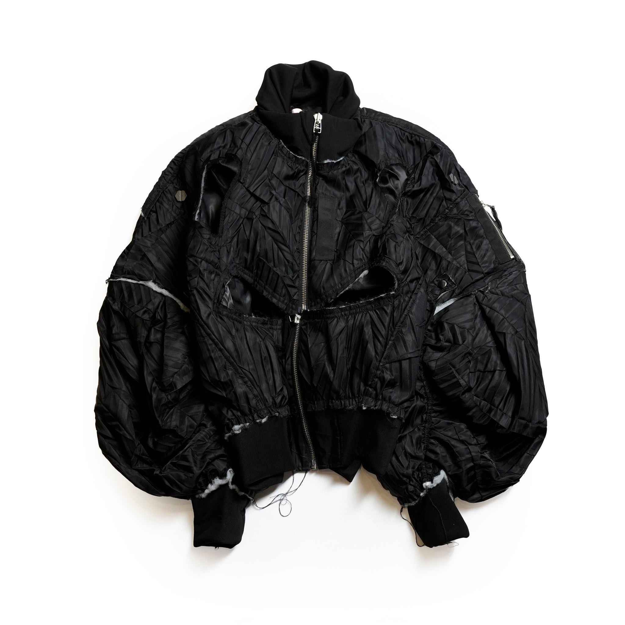 Seivson Deconstructed Hollow-Out Ruched Heavy-Processed MA-1 Bomber Jacket ㄧ Black | Size:Free【(A)CRYPSIS®】【SEIVSON_セイヴソン】