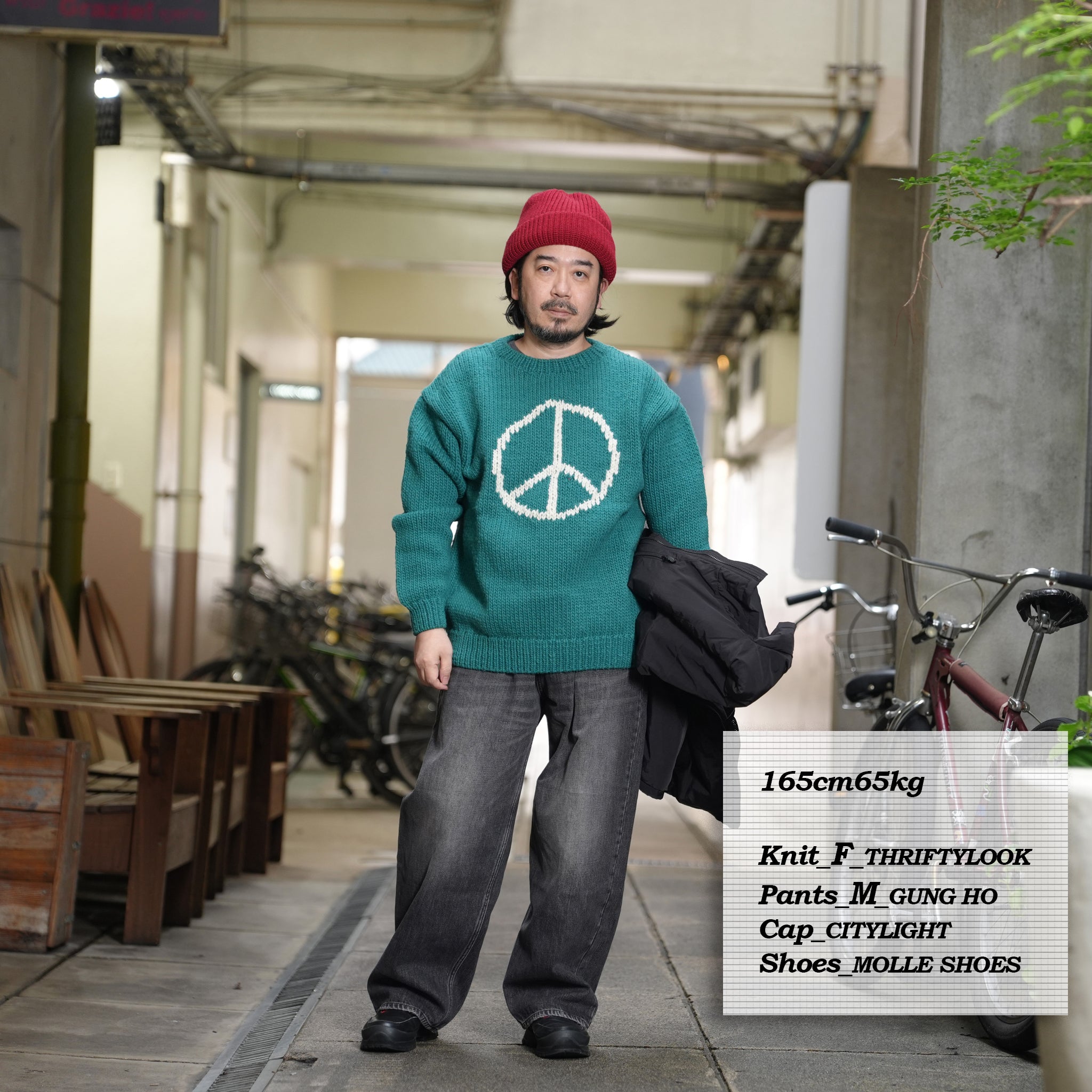 tl23f002b | peace hand knit crew | Color:Green【THRIFTY LOOK_スリフティールック】