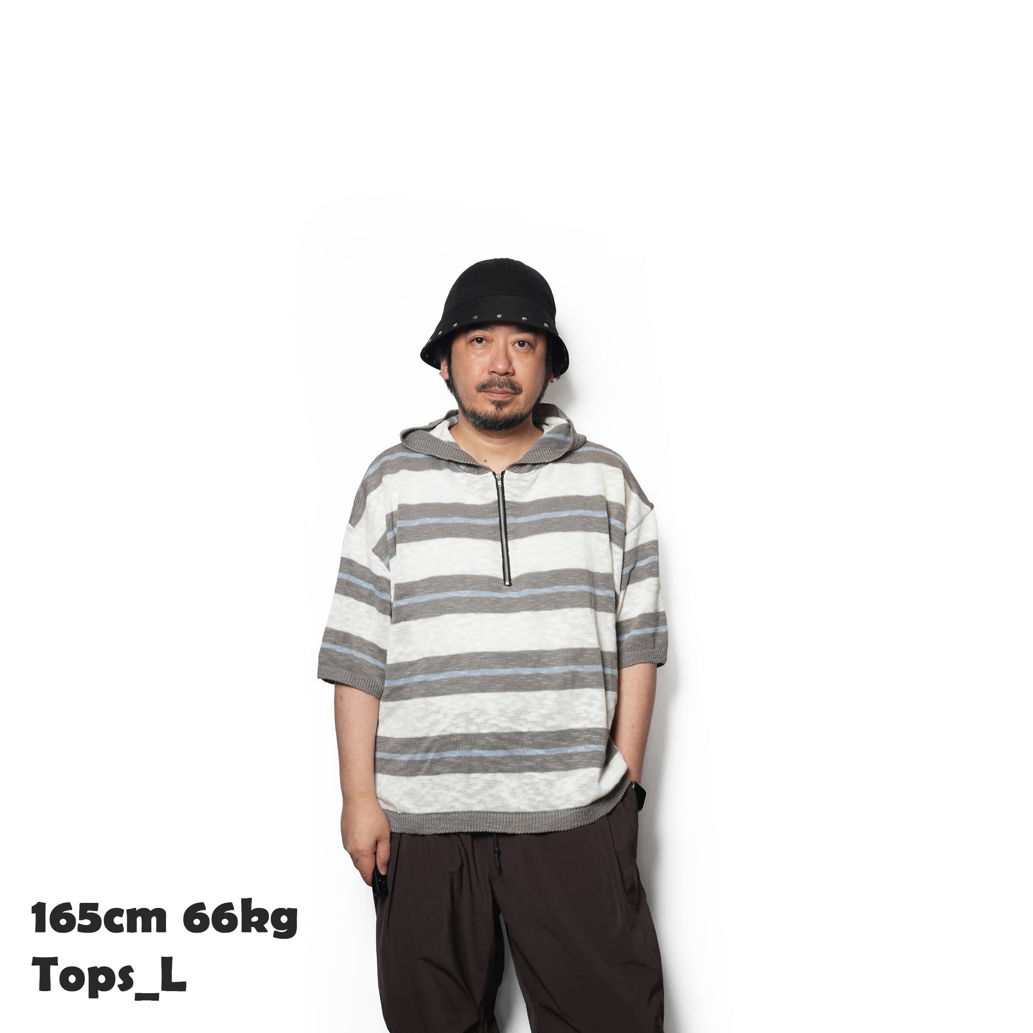 Slab knit border half zip hoodie – Gray×Sax | EFFECTEN