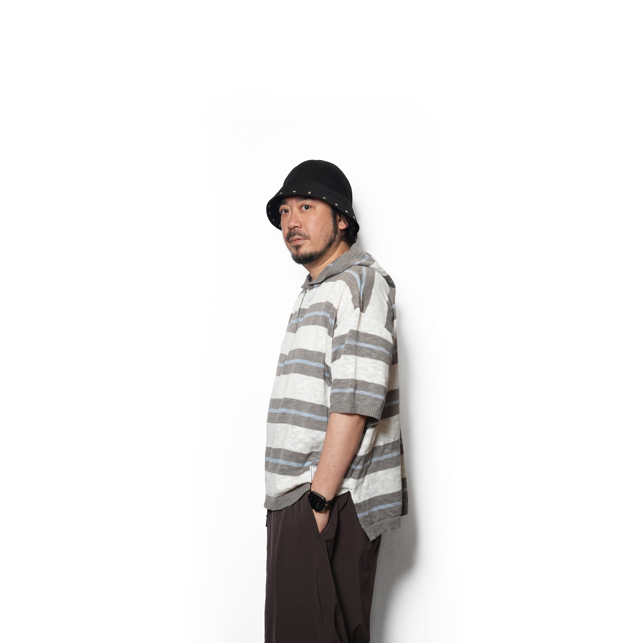 Slab knit border half zip hoodie – Gray×Sax | EFFECTEN
