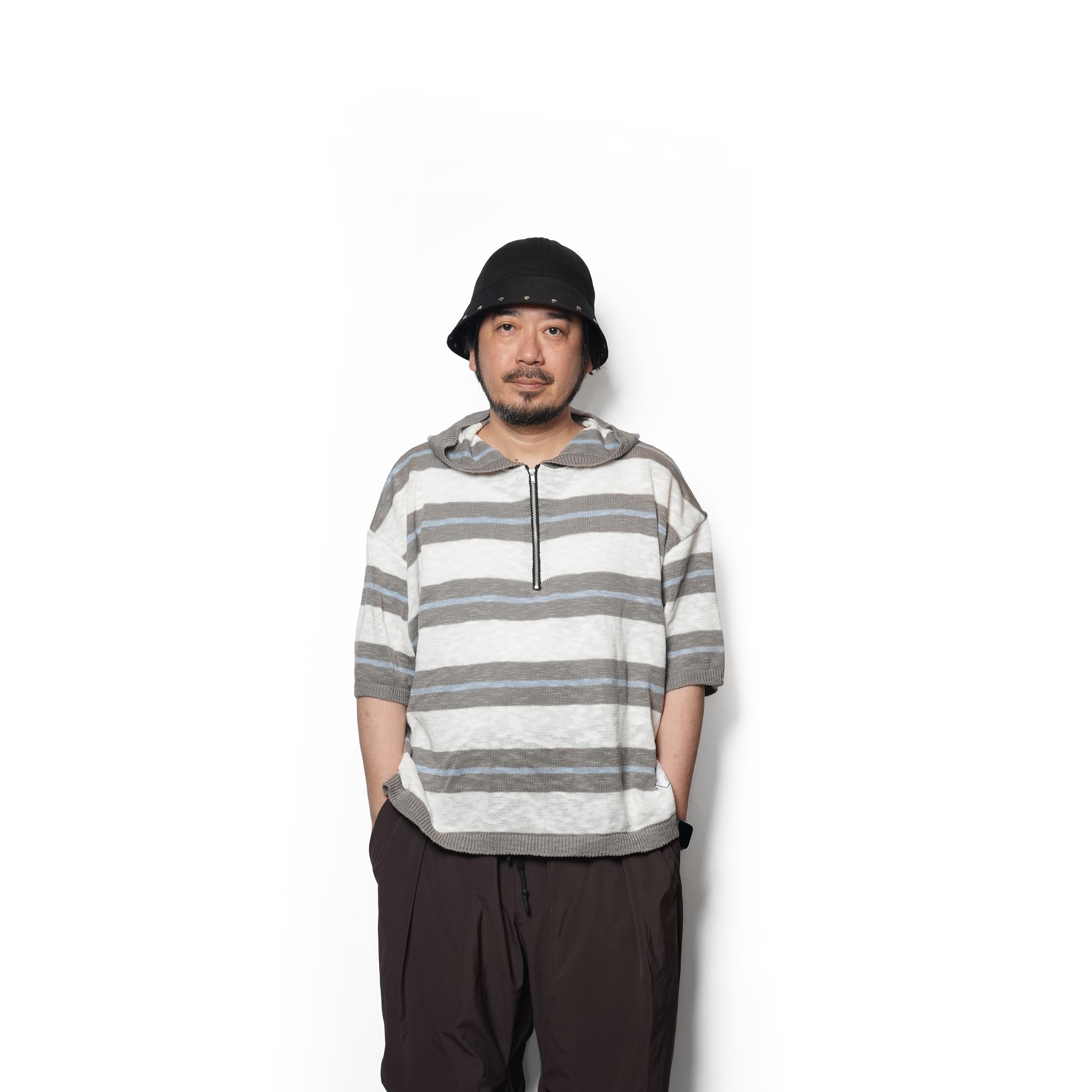 Slab knit border half zip hoodie – Gray×Sax | EFFECTEN