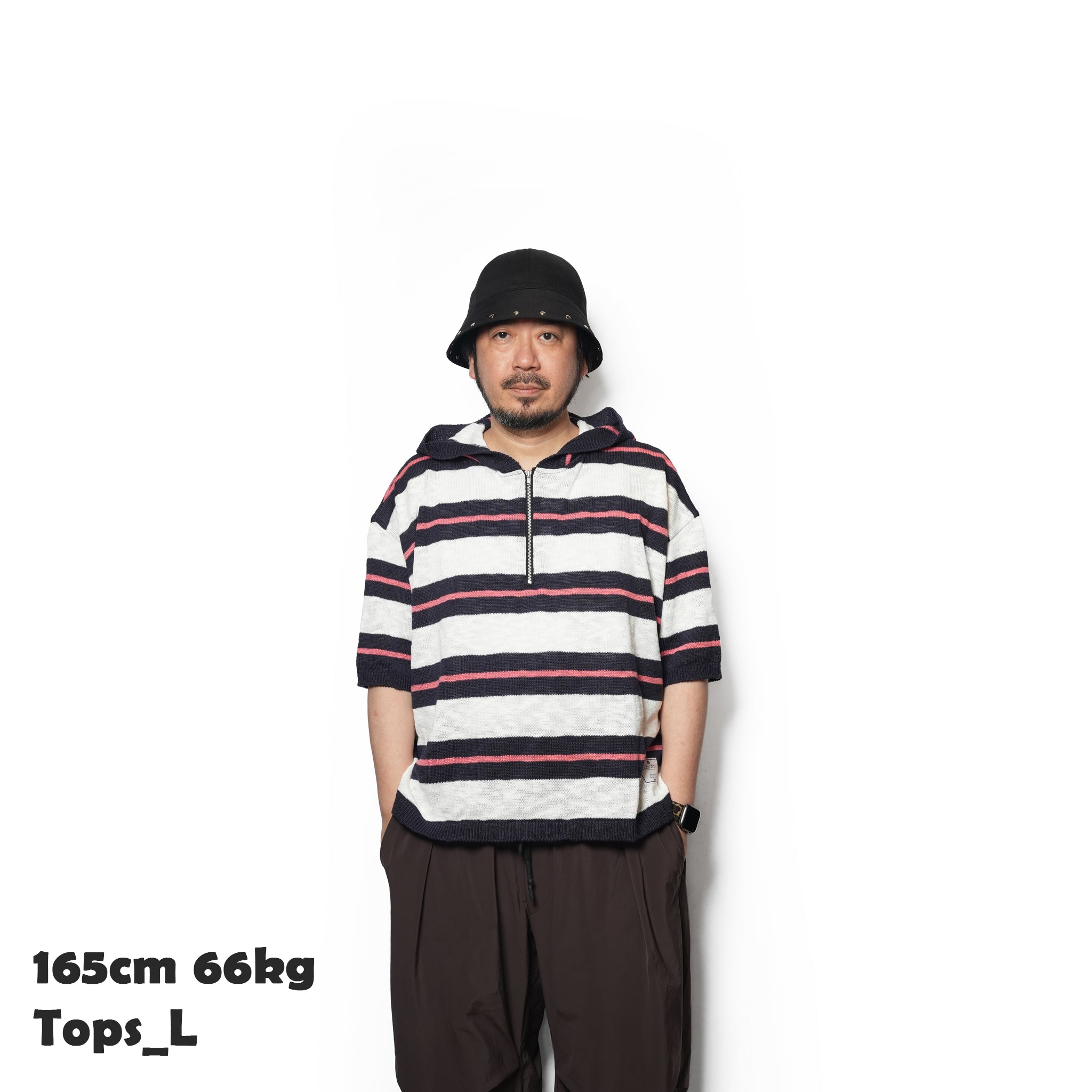 Slab knit border half zip hoodie – Navy×Pink | EFFECTEN