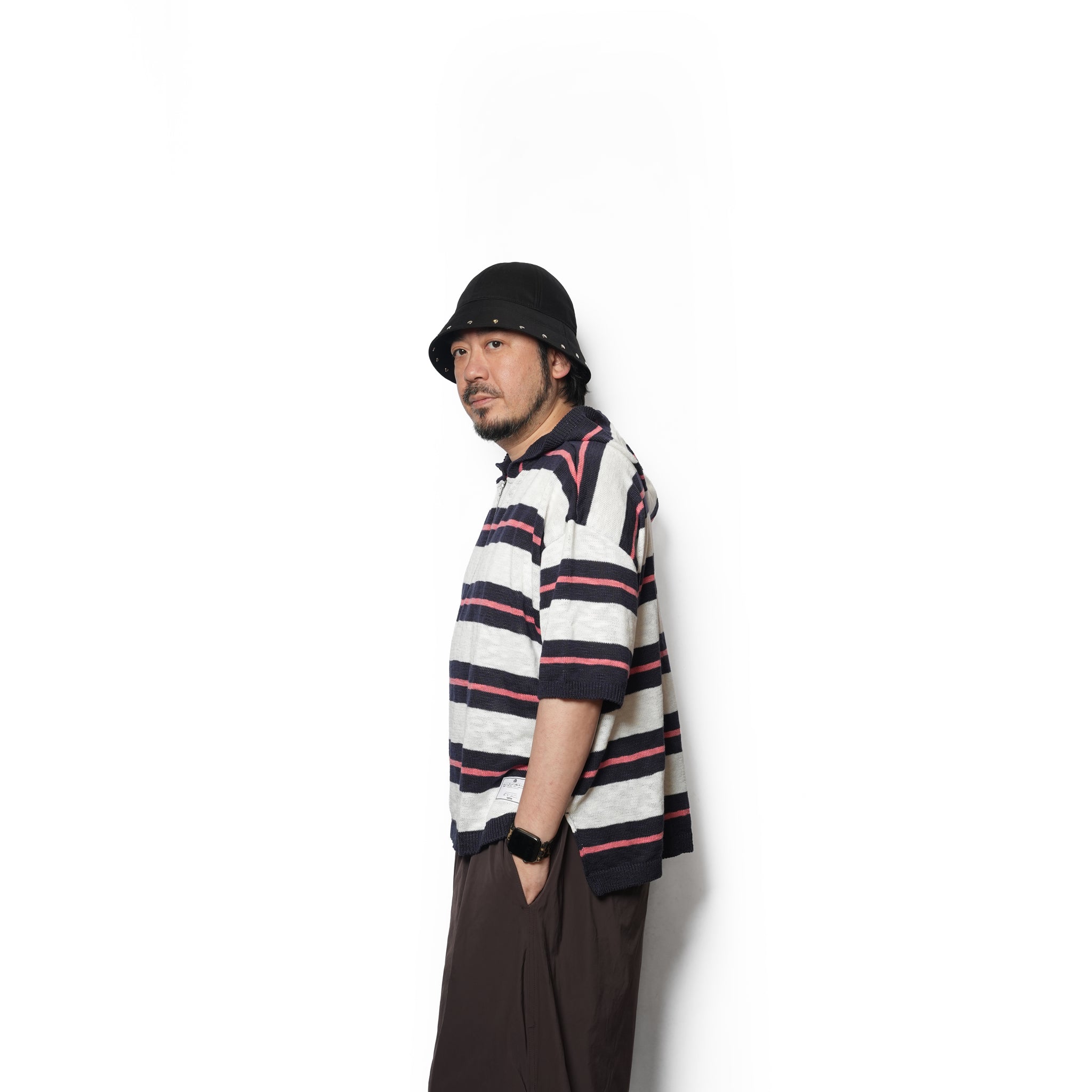 Slab knit border half zip hoodie – Navy×Pink | EFFECTEN