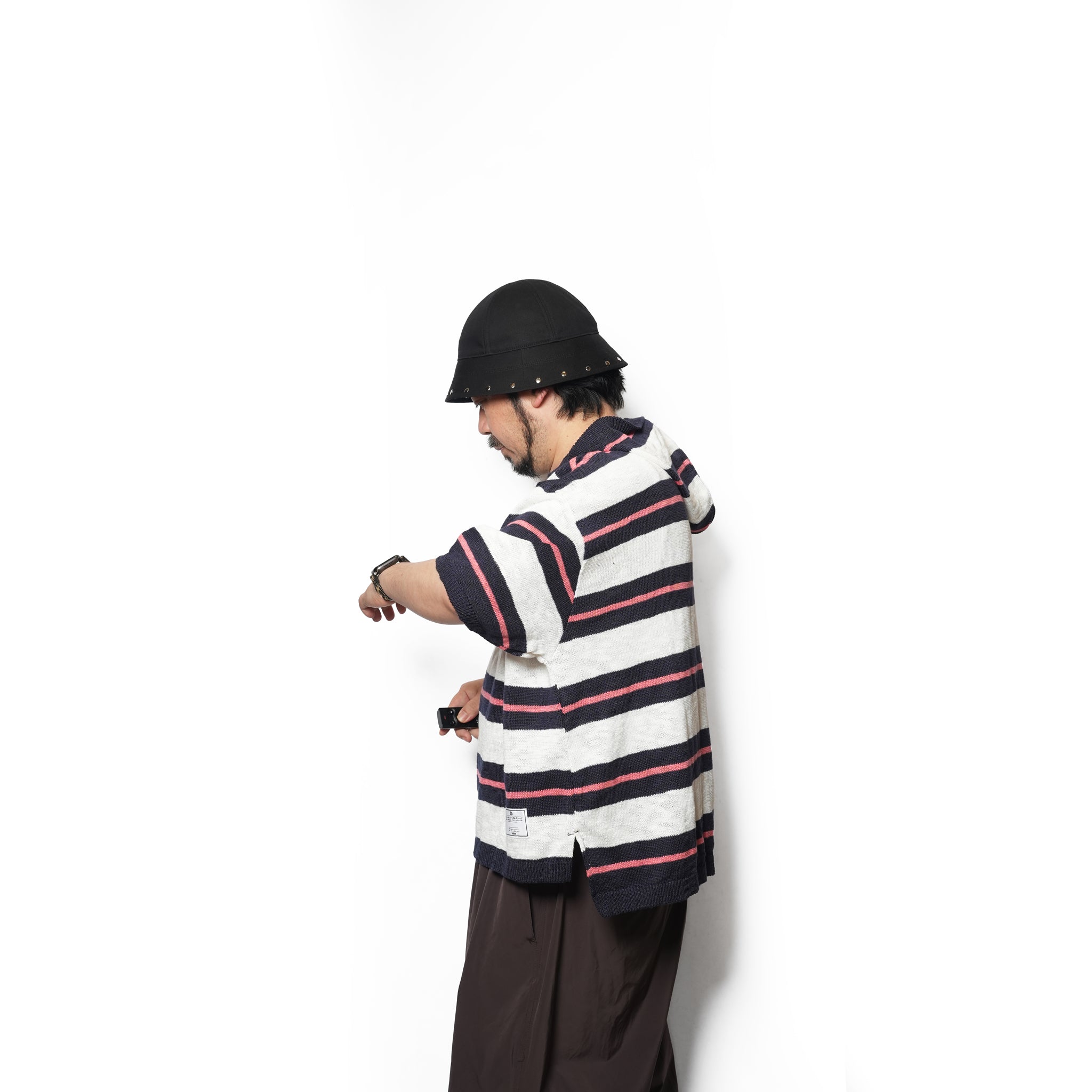 Slab knit border half zip hoodie – Navy×Pink | EFFECTEN