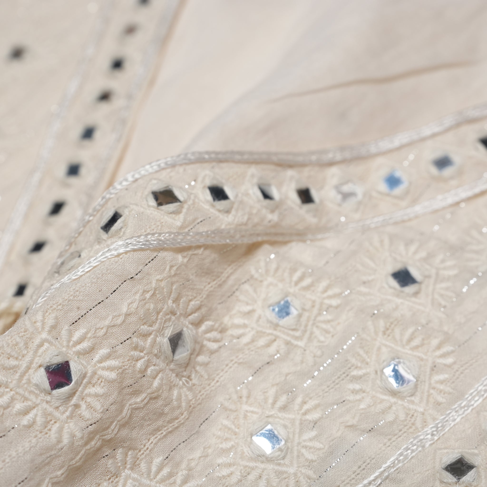 Cotton Jacquard Mirror Embroidery Top – Ecru | SARAMALLIKA