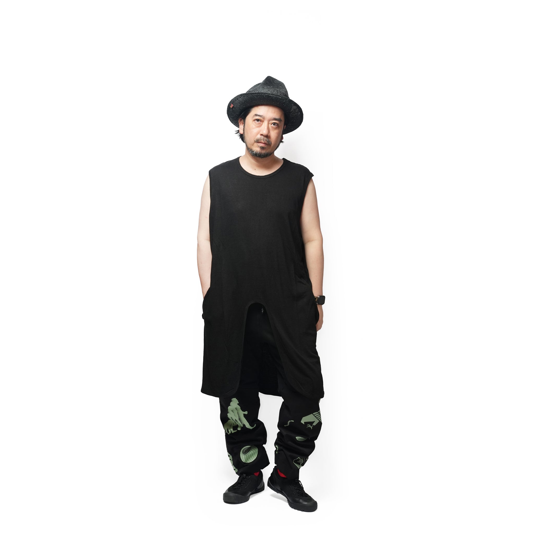 Linen Jersey Inner Layered Front Slit Tank Top <#black> | 〼〼 MASU MASU
