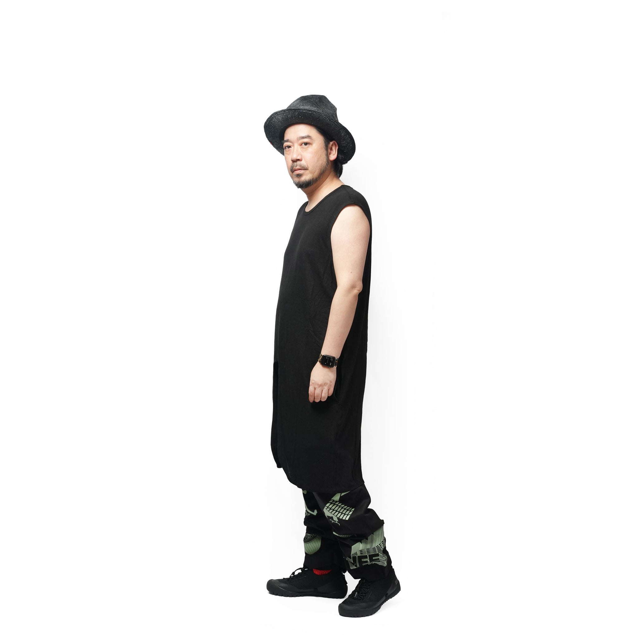 Linen Jersey Inner Layered Front Slit Tank Top <#black> | 〼〼 MASU MASU