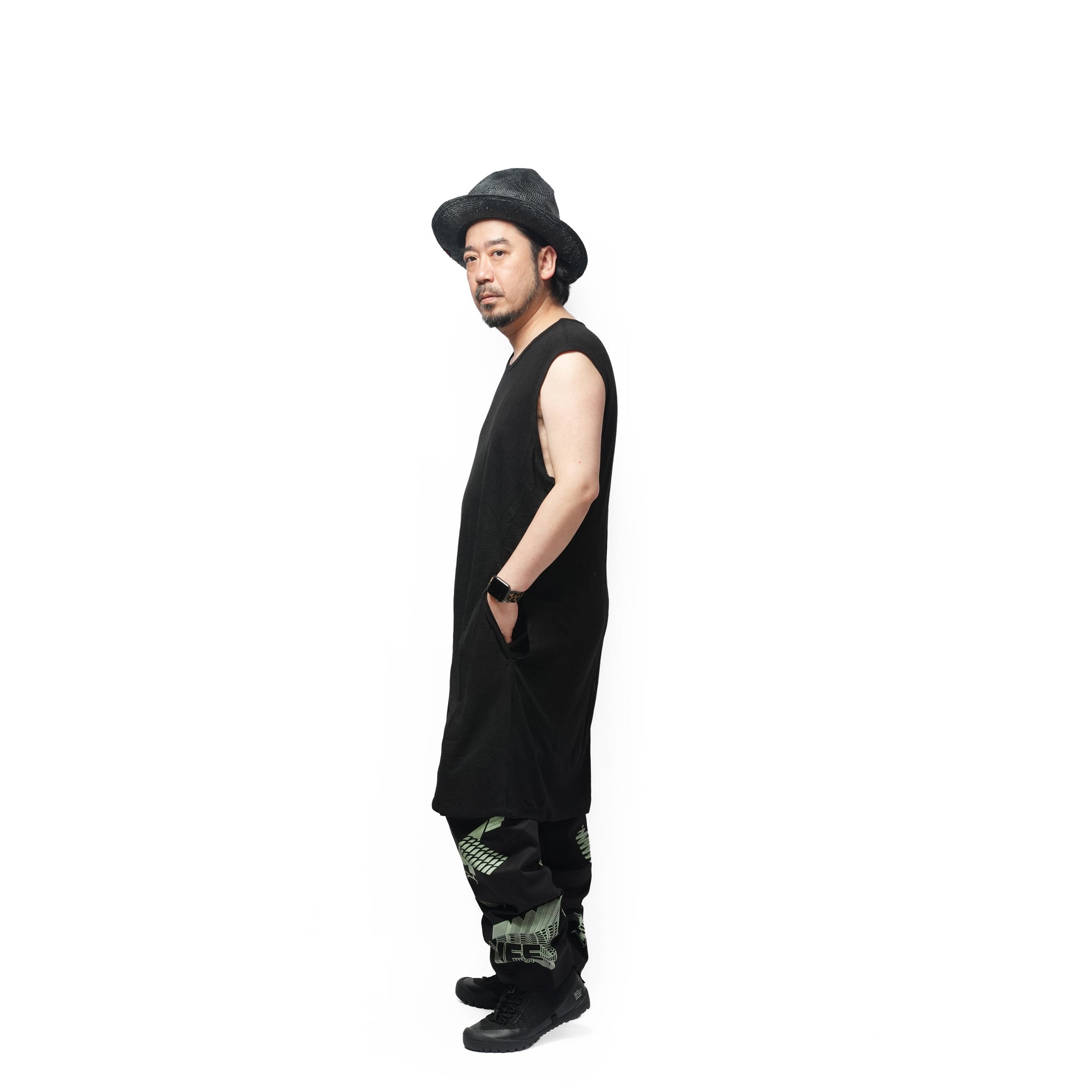 Linen Jersey Inner Layered Front Slit Tank Top <#black> | 〼〼 MASU MASU