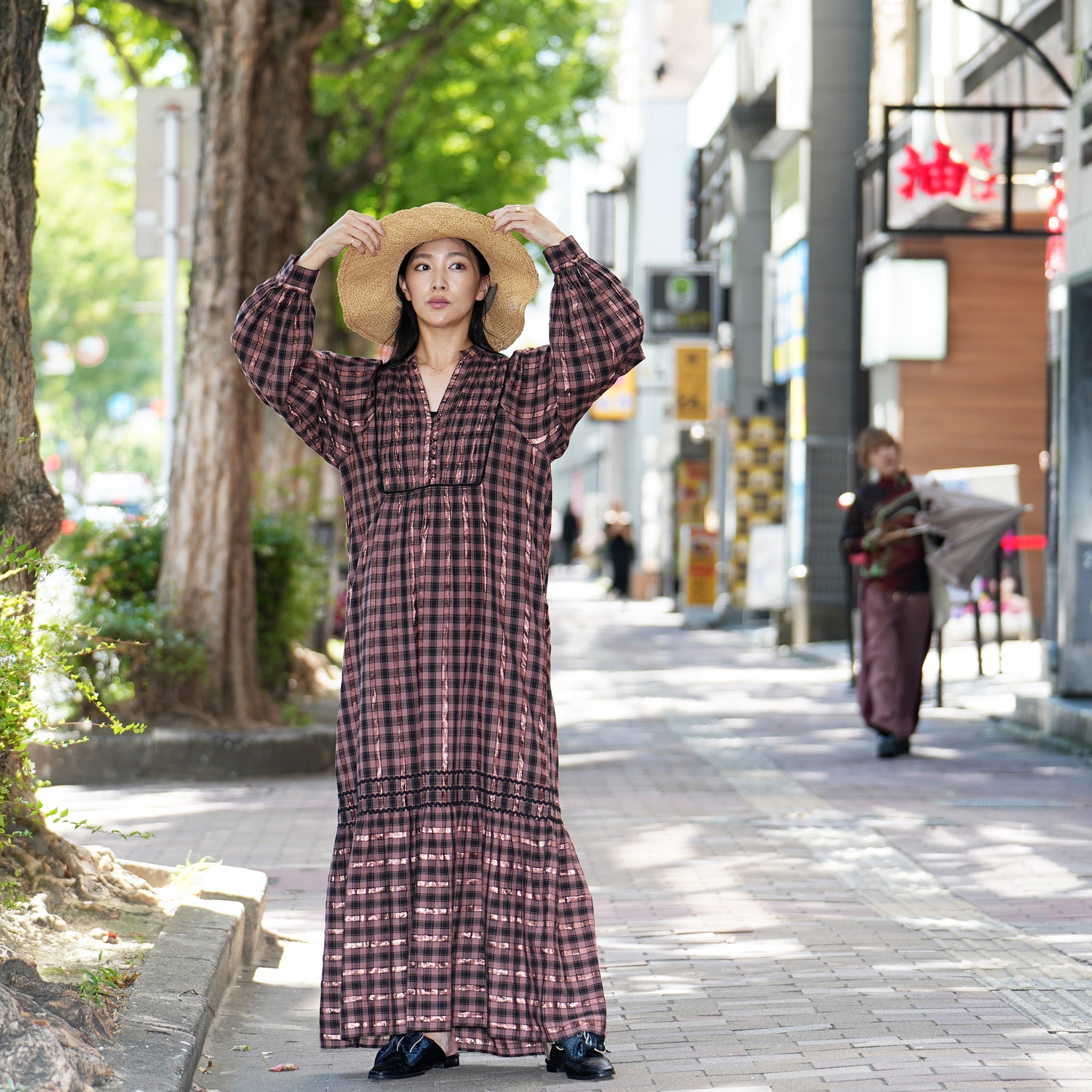 No:020432SF2 | Name:COTTON CHECK SHIRRING LONG DRESS |  Color:Brown【SARAMALLIKA_サラマリカ】