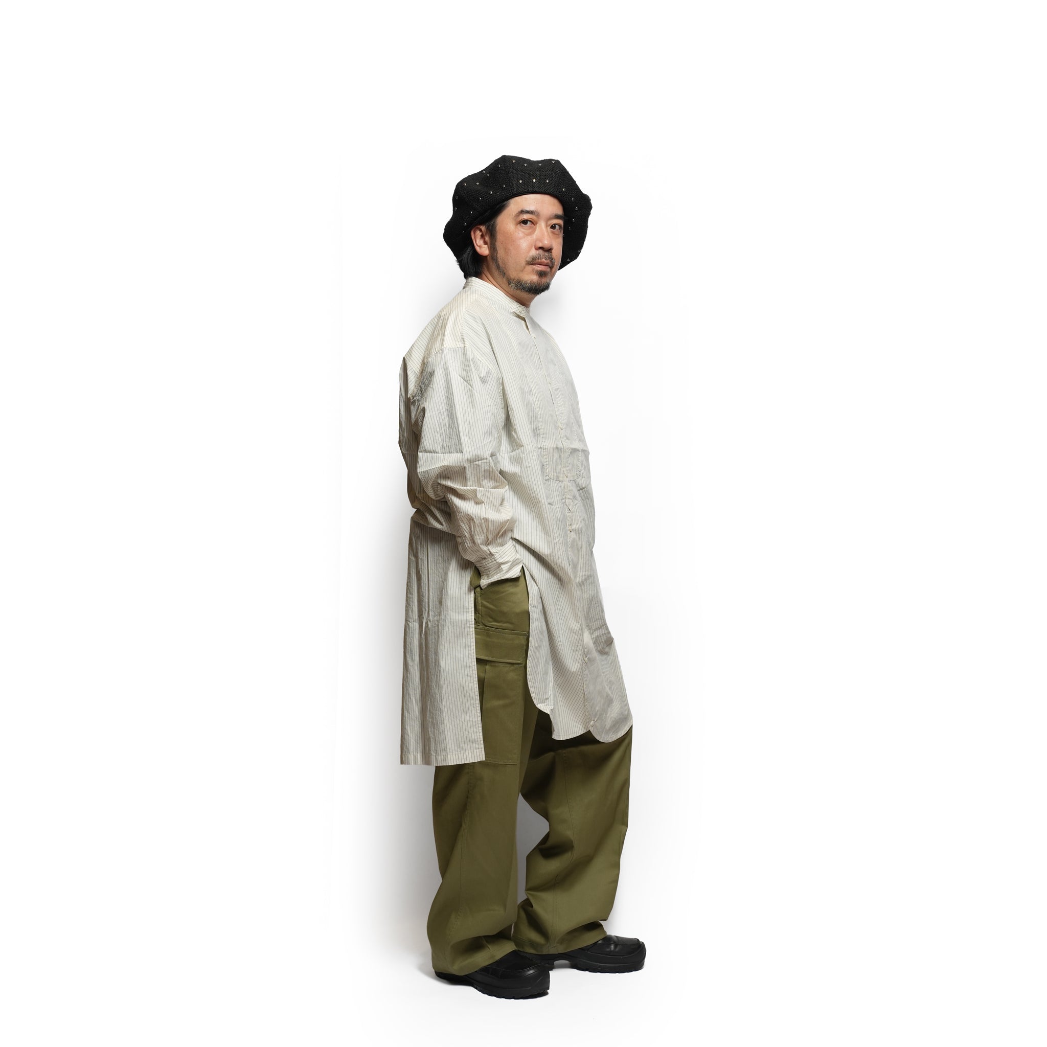 Cotton Typewriter Round Slit Long Officer Shirt <#ivory stripe> | 〼〼 MASU MASU