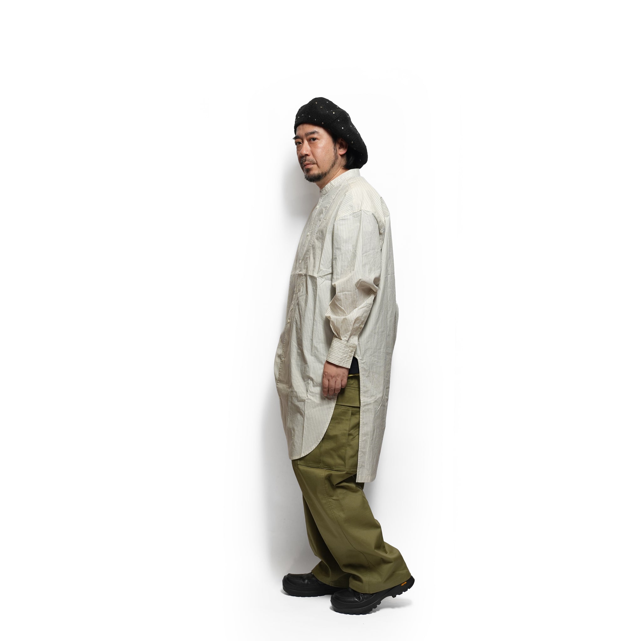 Cotton Typewriter Round Slit Long Officer Shirt <#ivory stripe> | 〼〼 MASU MASU