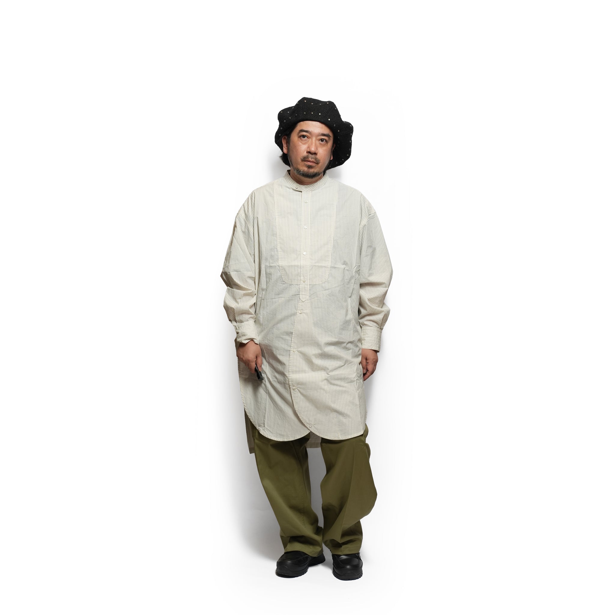 Cotton Typewriter Round Slit Long Officer Shirt <#ivory stripe> | 〼〼 MASU MASU
