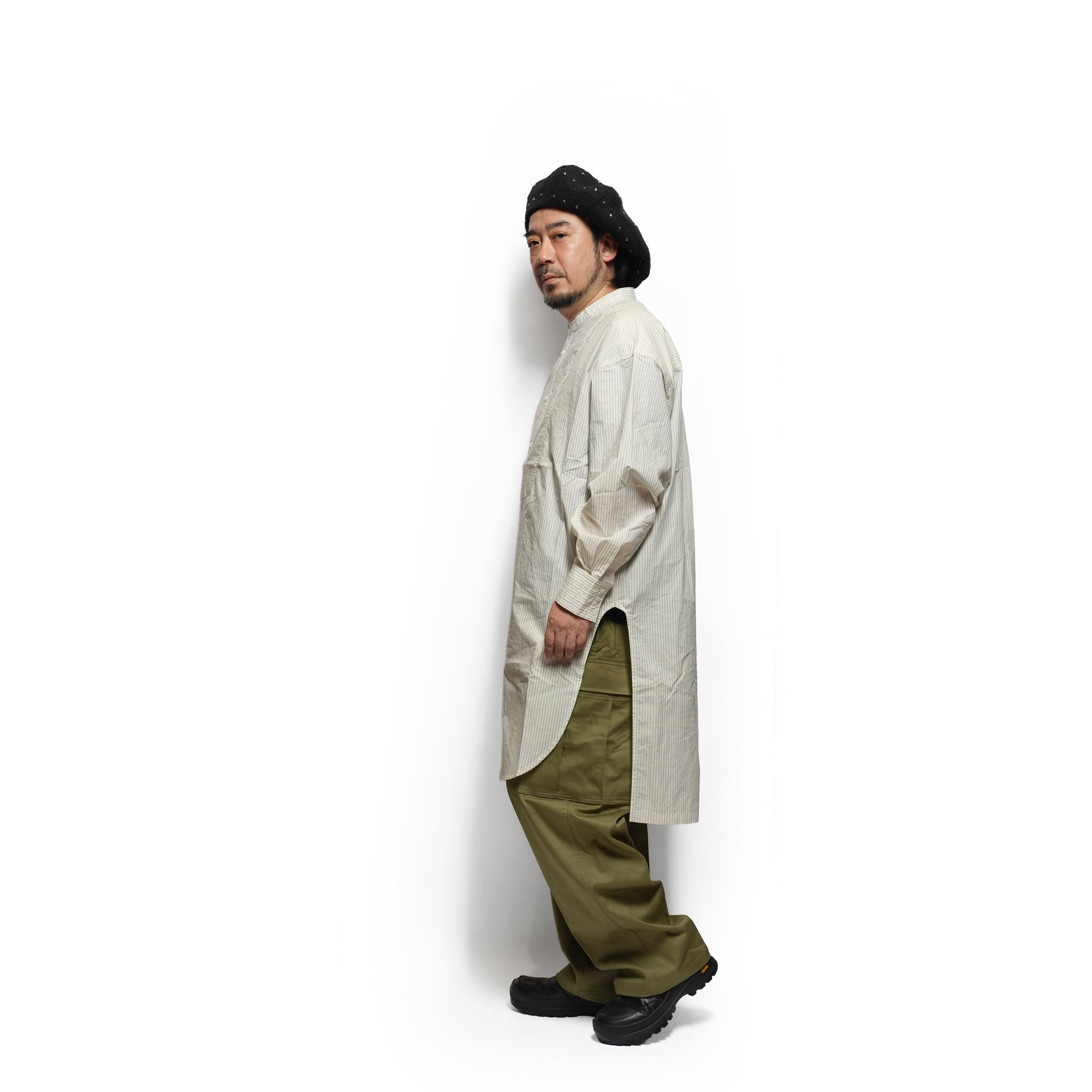 Cotton Typewriter Round Slit Long Officer Shirt <#ivory stripe> | 〼〼 MASU MASU