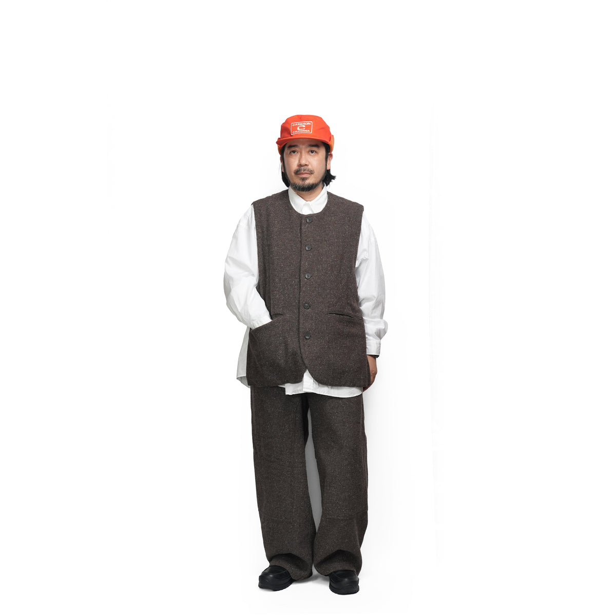 Wool Blend Tweed Back-Open Layered Crew Neck Vest <#brown> | 〼〼 MASU MASU
