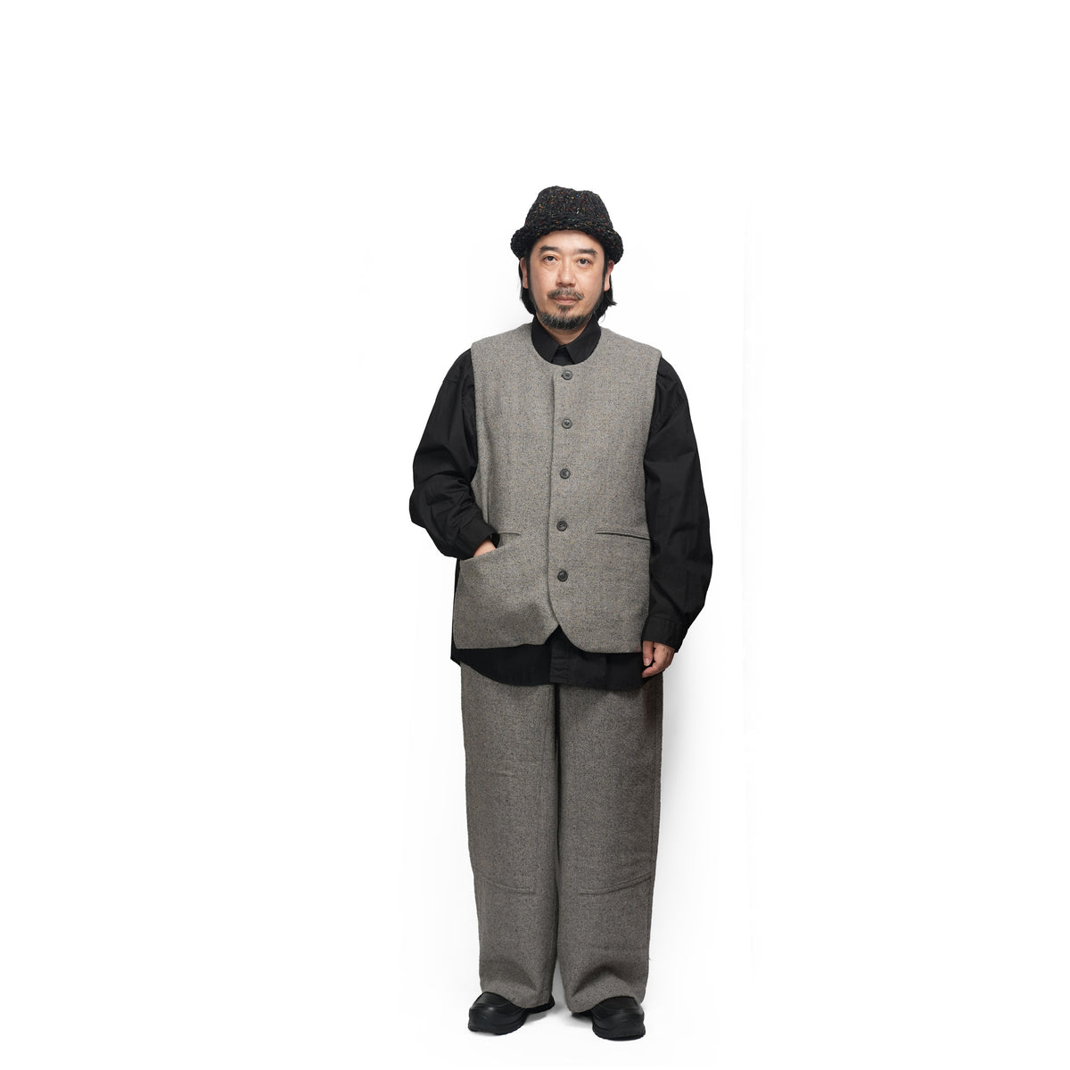 Wool Blend Tweed Back-Open Layered Crew Neck Vest <#garyge> | 〼〼 MASU MASU