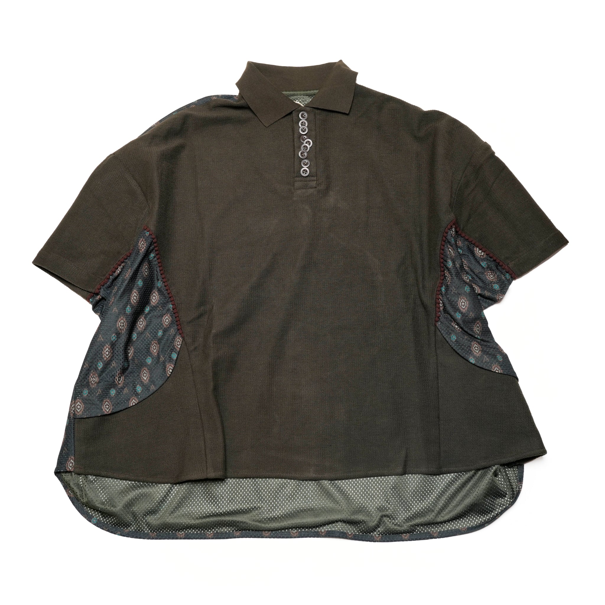 ACR24SS-S01 / (A)crypsis® totem fabric patchwork polo shirt-OLIVE | Size:Free【(A)CRYPSIS®】【SEIVSON_セイヴソン】