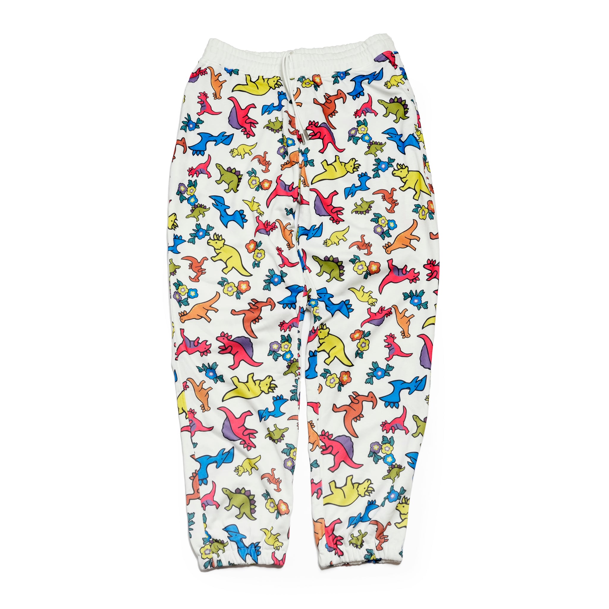 OPULENCEのダイナソースウェットパンツ（マルチカラー）。恐竜と花のモノグラムが全体にプリントされたポリエステル素材のユニセックスパンツ。
