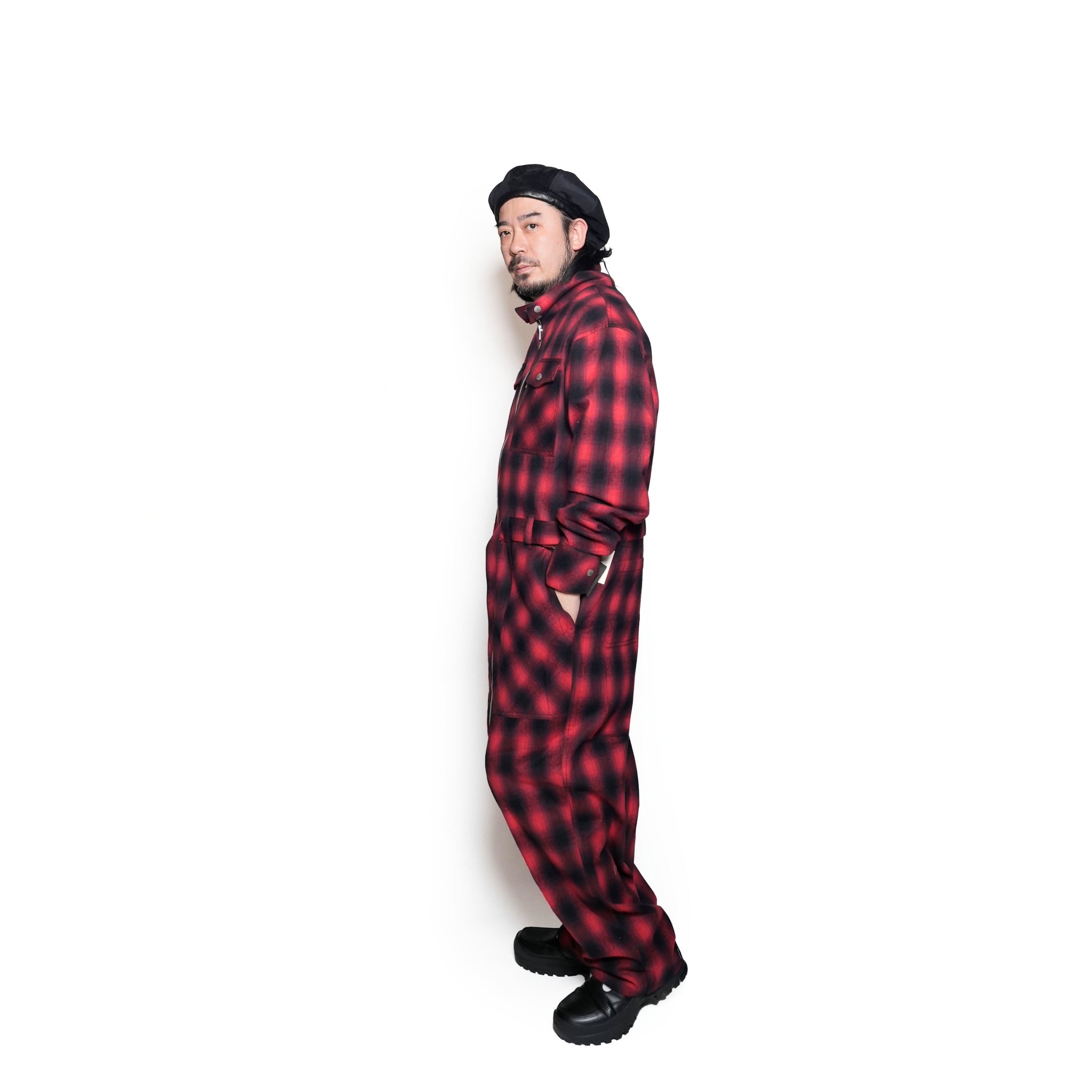 Fabric Jumpsuit | Color:Red Check【AMBERGLEAM_アンバーグリーム】| 1227141118