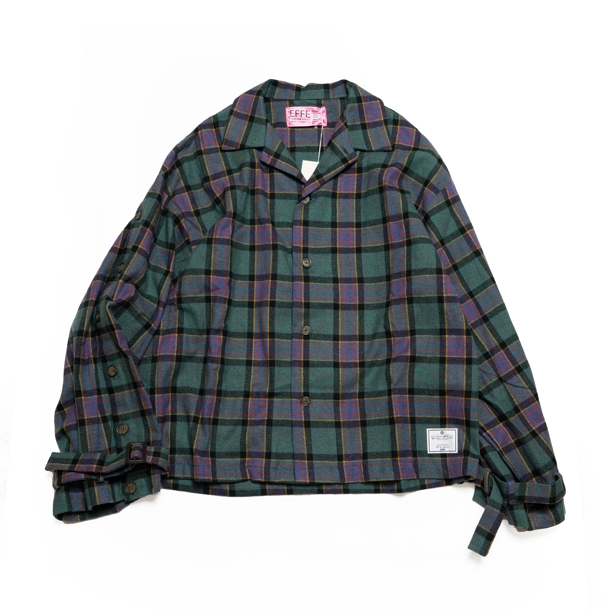 EFFECTEN エフェクテン Check button sleeve shirts グリーンチェック 長袖シャツ 袖ボタンデザイン ドロップショルダー ネル素材 メンズ レディース
